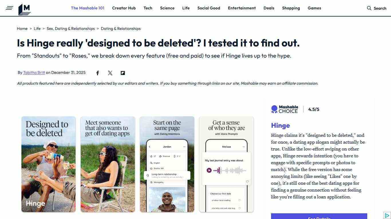 Hinge dating app review: I tested to see if it's truly 'designed to be deleted' | Mashable